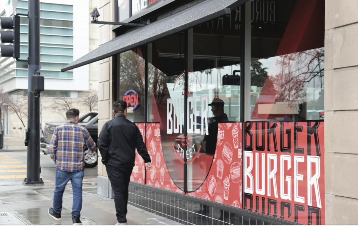 Customers arriving to Sixth Street Burger at noon Tuesday located at 235 E Santa Clara St. #112, San Jos&#233;.